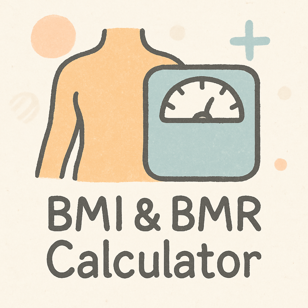A friendly illustration of a person and a weight scale, representing the BMI & BMR Calculator. It helps you understand your body mass and how many calories you burn just by existing.