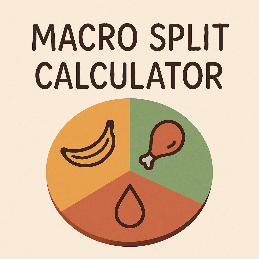 A colorful pie chart with icons for banana, chicken leg, and a drop, illustrating the Macro Split Calculator. It\